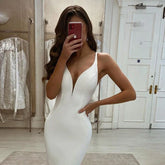 Simple Long Satin Lace Beach Wedding Dress Deep V Neck Sleeveless - MyChicDress